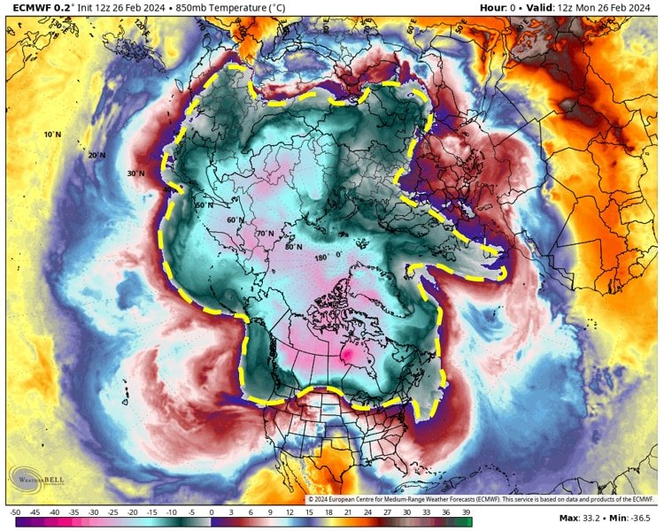 The amount of frigid winter air is near a record low, and shrinking