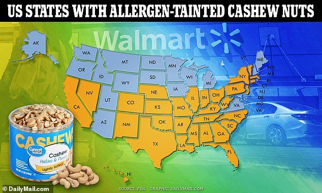 Cashews sold at Walmart stores in 30 US states are RECALLED due to undeclared ‘fatal’ allergen after wrong labels were applied to cans… here is where the tainted nuts were sold