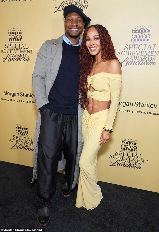 Jonathan Majors and Meagan Good make their red carpet debut at AAFCA Special Achievement Awards in LA… as he makes first public appearance after assault verdict