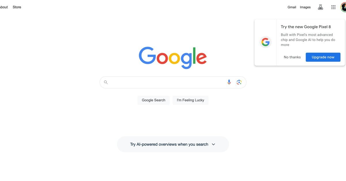 Google Search showing Pixel 8 ‘Upgrade now’ prompt 